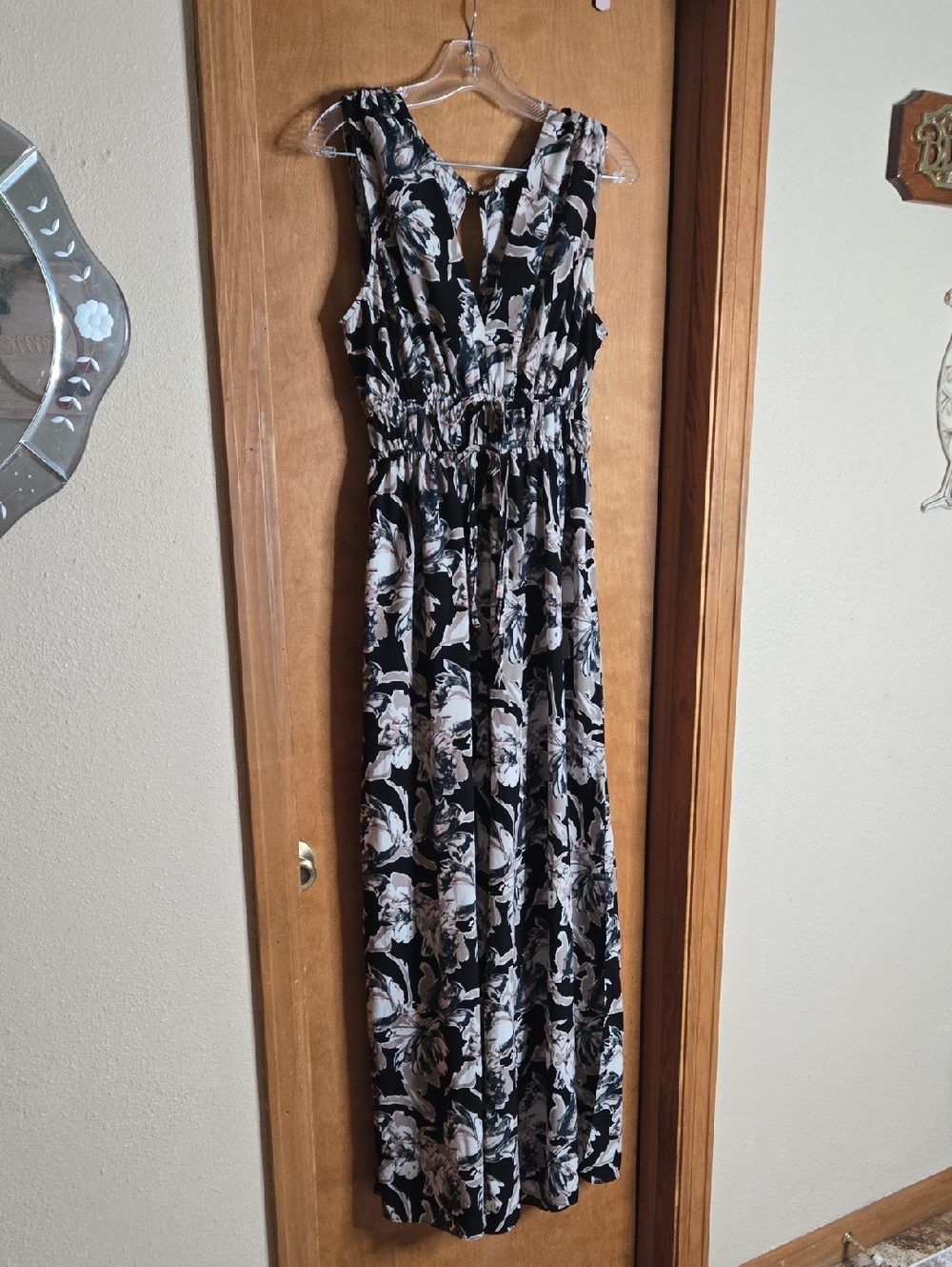 Sleeveless Black Floral Jumpsuit with Cream Accents - Elastic Waist